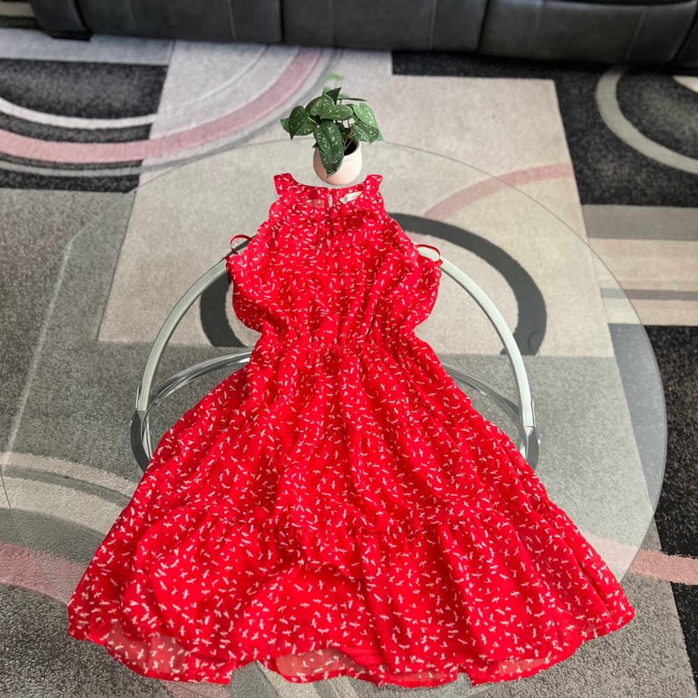 Monteau Los Angeles Red and
White Halter Tiered Dress